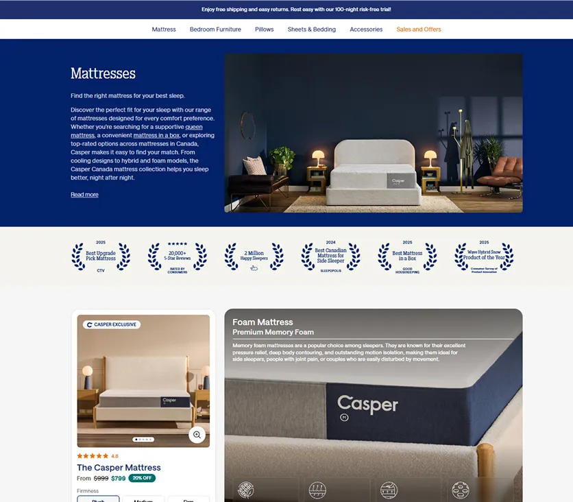 Casper new mattress page after redesign